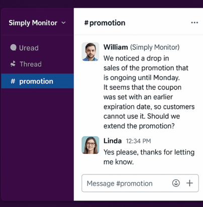 Slack chat where Simply Monitor alerts a merchant about a promotion issue
